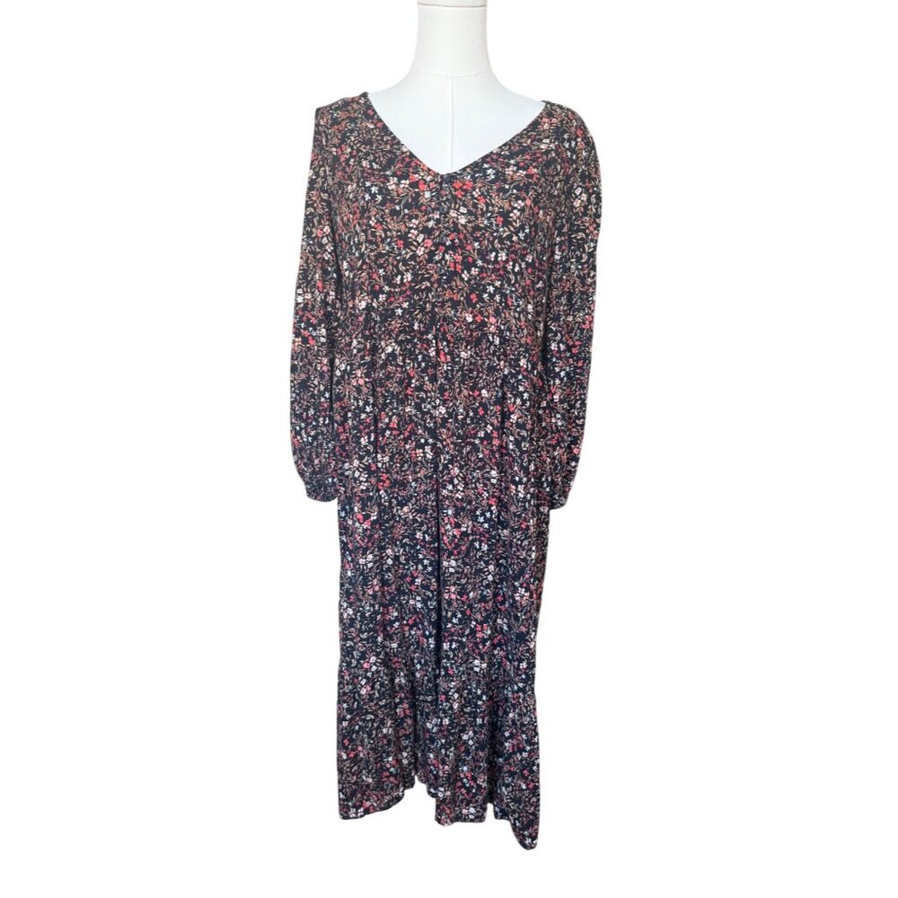 Old Navy Boho Floral Dress Sz M Long Sleeve Peasant Midi Cottagecore Flowy Black